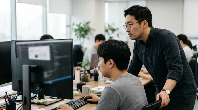 A Korean marketer viewing a monitor over a developer's shoulder, with the screen thrown out of focus.