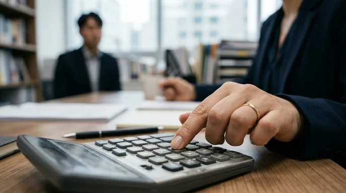 An HR manager's hand using a desktop calculator in an office.