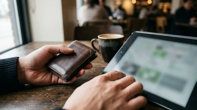 A freelancer's hands holding a wallet and scrolling on a tablet in a cafe.