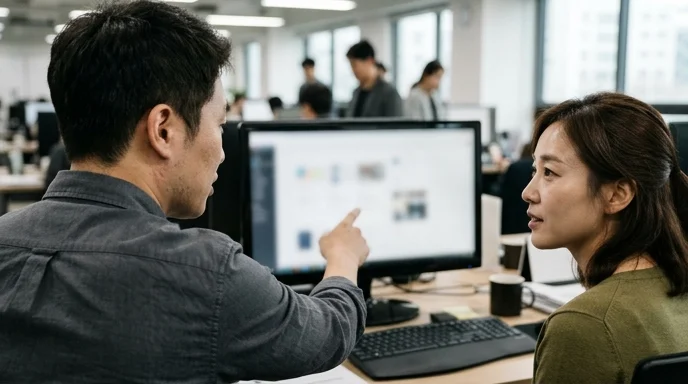 Two Korean colleagues viewing an out-of-focus monitor from over the shoulder.