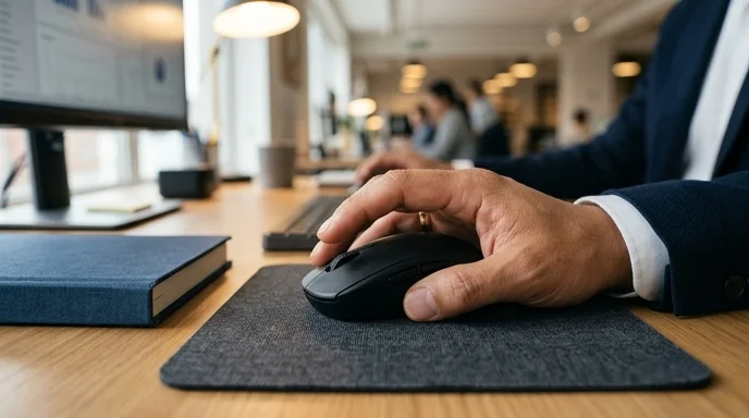 A Korean analyst's hand operating a wireless mouse near a closed book.