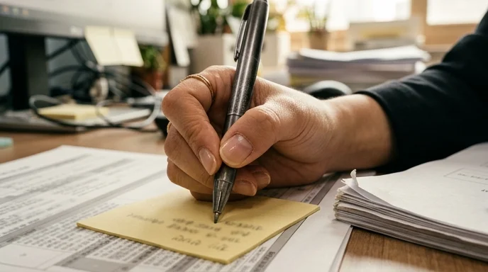 Close-up of a Korean marketer's hand writing on a sticky note with a metallic pen on a desk.