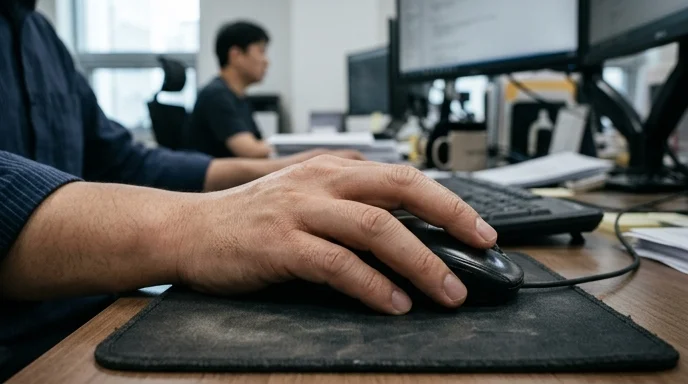 A Korean worker's hand gripping a computer mouse on a textured mousepad.