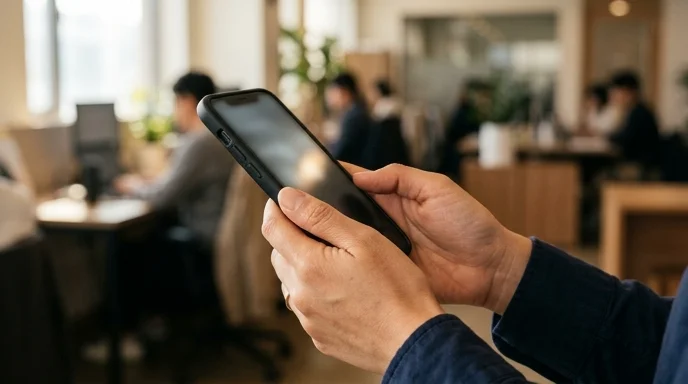 A Korean marketer's hands holding an unbranded smartphone in an office.