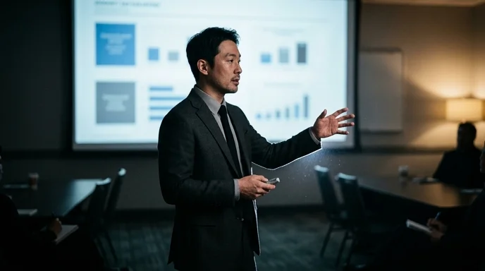 Silhouette of a Korean presenter gesturing in front of an out-of-focus projection screen in a meeting room.