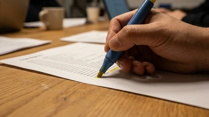 A Korean developer's hand highlighting a line on a printed log report with a yellow marker.