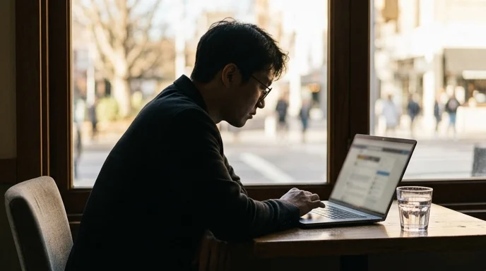 A marketer in silhouette leaning toward a laptop in a window seat under strong morning backlight.