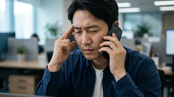 A Korean office worker pressing his temple while holding an unbranded smartphone to his ear.