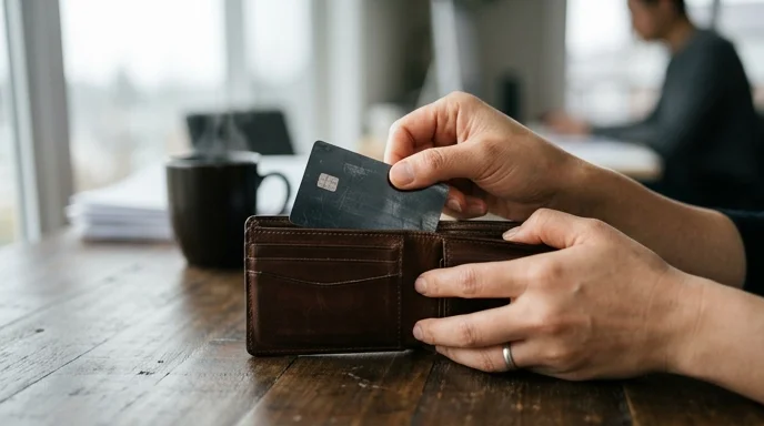 A Korean entrepreneur's bare hands pulling a credit card from a leather wallet on a wooden desk.