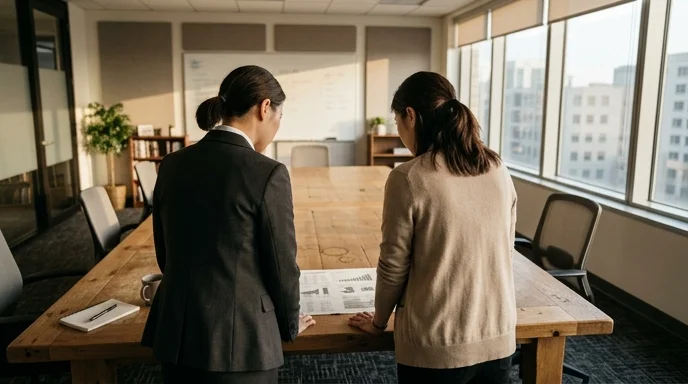 Two Korean team members viewed from behind looking at a printed data report on a meeting room table.