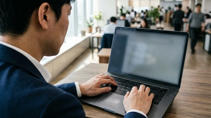 Viewed from behind, a Korean businessman types on a laptop keyboard.