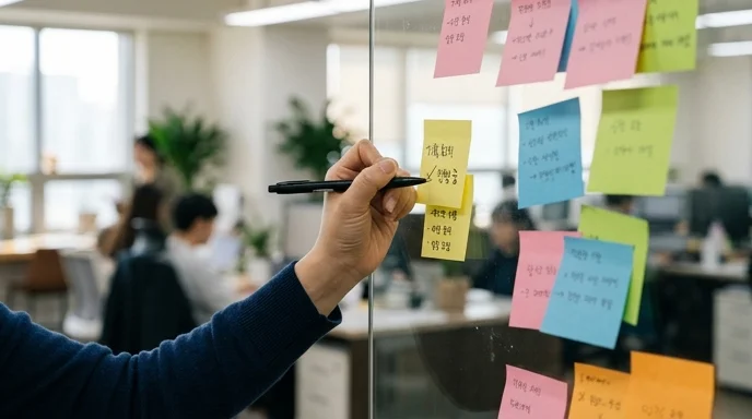 Close-up of fingers adding a handwritten mark on a sticky pad attached to a glass wall.