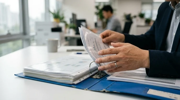 Two hands of a manager flipping through a thick binder on a desk.
