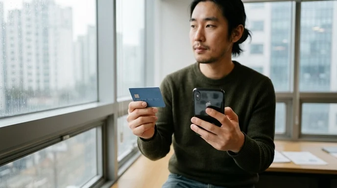 A Korean freelancer holding a credit card and a smartphone near a window.