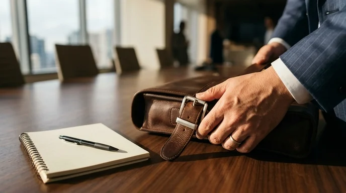 A Korean manager's hand adjusting a leather briefcase strap on a conference table.
