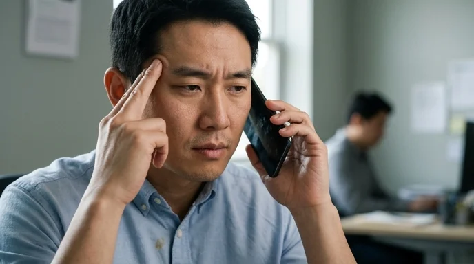 A marketer pressing his temple while on a phone call in an office.