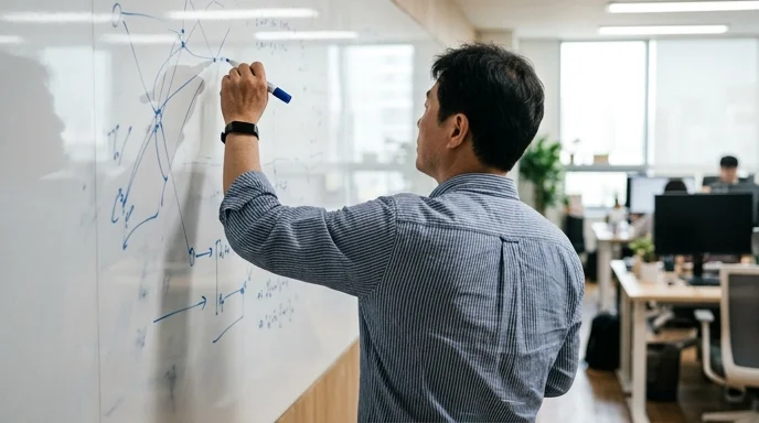 A Korean engineer viewed from behind drawing abstract connecting lines on a whiteboard with a blue marker.
