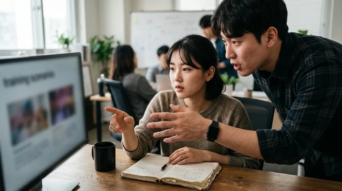 Two Korean colleagues discussing training scenarios near an out-of-focus monitor.