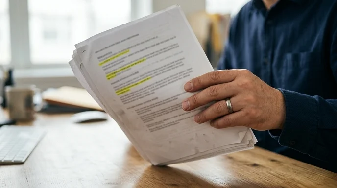 A Korean manager's hand holding a printed document with highlighter marks and smudges.