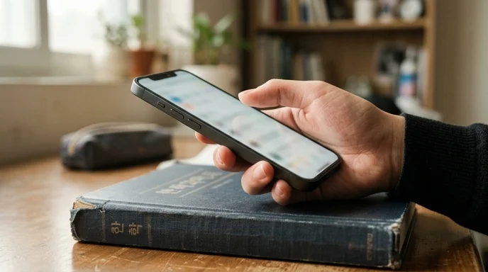 A Korean student's hand holding a smartphone over a closed thick textbook with scuffed corners.