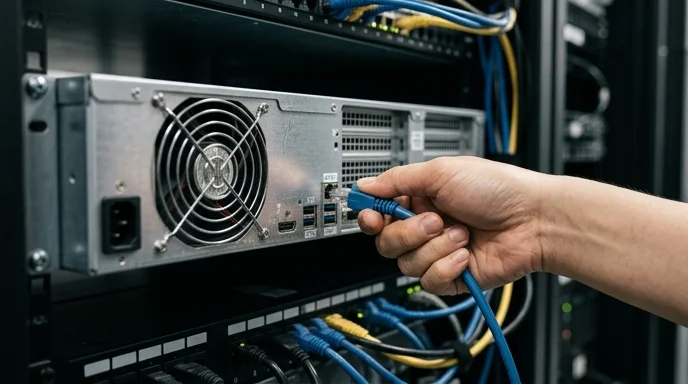 A hand inserting an ethernet cable into the backup port of a media server.