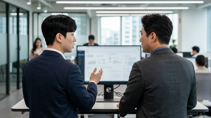 Two Korean analysts standing in front of a large monitor and discussing, viewed from behind.