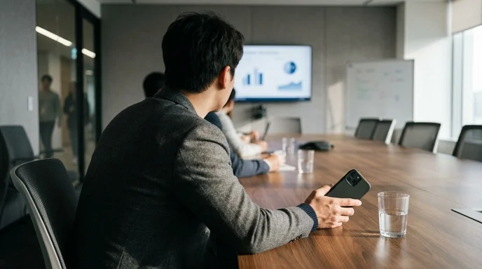 A Korean marketer holding a generic smartphone at a meeting table viewed from the back in a meeting room.