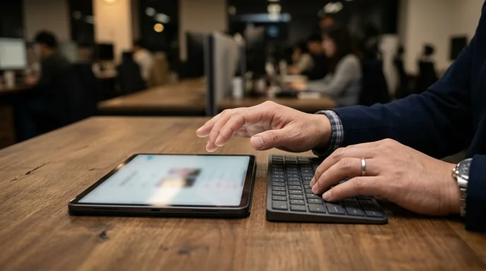 A Korean manager's hands moving between a tablet and a keyboard on a wooden desk.