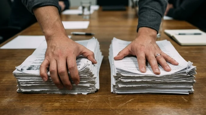 An analyst's hands pressing down on two separate stacks of printed reports on a wooden meeting table.