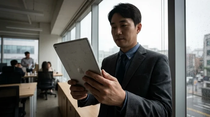 A silhouetted Korean sales manager holding a tablet standing against a cloudy office window.