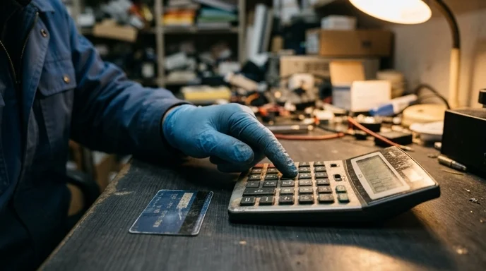 Gloved fingers of a Korean technician press calculator buttons next to a card.