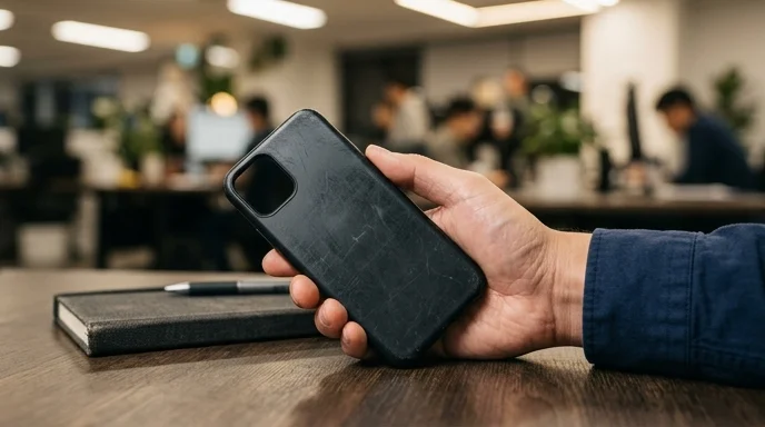 A marketer's hand holding an unbranded smartphone face-down showing a scratched case on a desk.