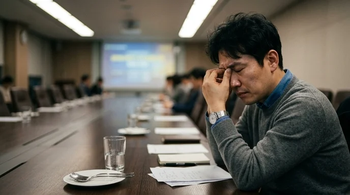 A Korean attendee at the far end of a conference table rubbing their temples with a blurred large screen in the distance.