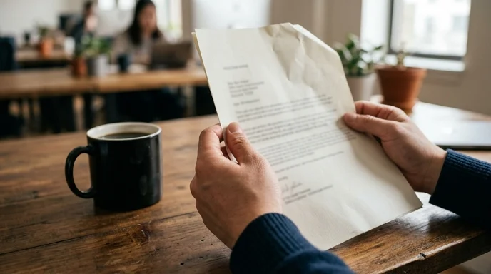 A Korean marketer's hands hold a blurred printed rejection notice on a desk next to a mug with faint fingerprints.