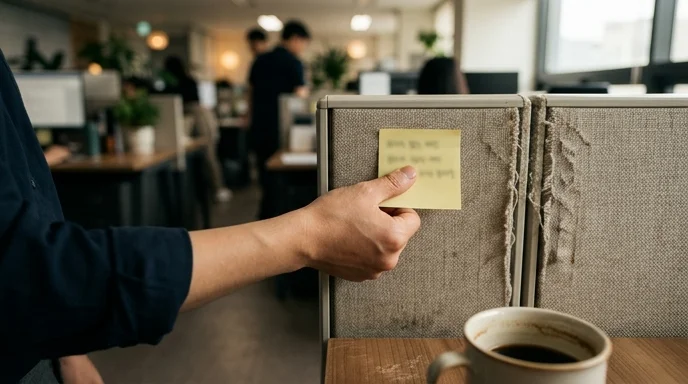A Korean office worker's hand presses a sticky note onto a frayed fabric partition near a coffee cup.