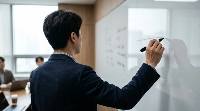 A Korean system architect seen from behind draws a line on a whiteboard in a bright meeting room.