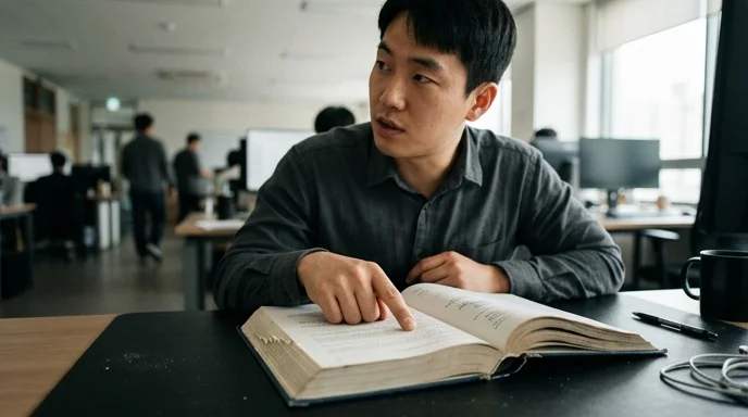 A Korean developer pointing at an open printed manual on a dark desk while discussing in an office.