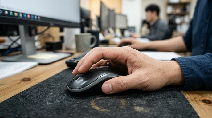 An employee's hand resting on a worn wireless mouse on a desk pad.