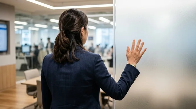 A Korean analyst viewed from behind standing and resting one hand on a frosted glass wall in a meeting room.