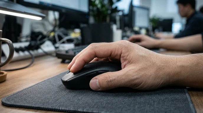 Close-up of a Korean operator's hand gripping a wireless mouse on a dark office desk.