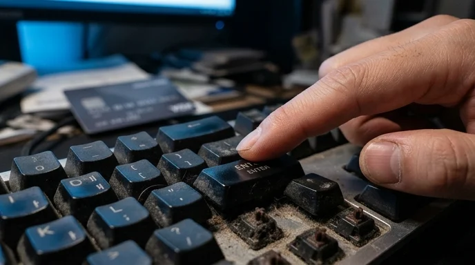 Close-up of a Korean user's finger pressing a key on a worn mechanical keyboard with a blurred credit card.