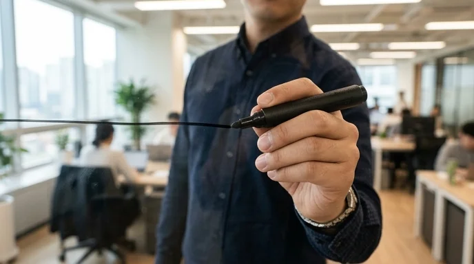 A Korean marketer's hand drawing a line on a glass whiteboard with a black marker.