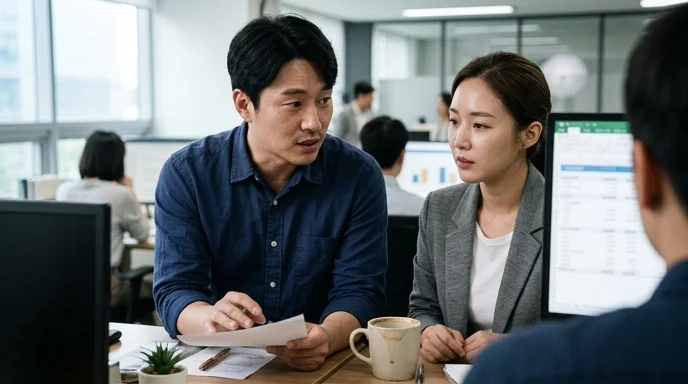 Two Korean professionals discussing budget allocation over a blurred screen in a bright office.