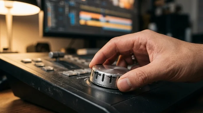 An editor's hand gripping a scratched metal dial on a video editing controller with soft warm lighting.