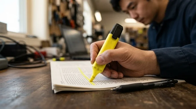 A Korean technician's hand marking a printed document with a yellow highlighter.