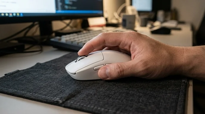 A Korean marketer's hand holding a matte white wireless mouse on a textured fabric mousepad.