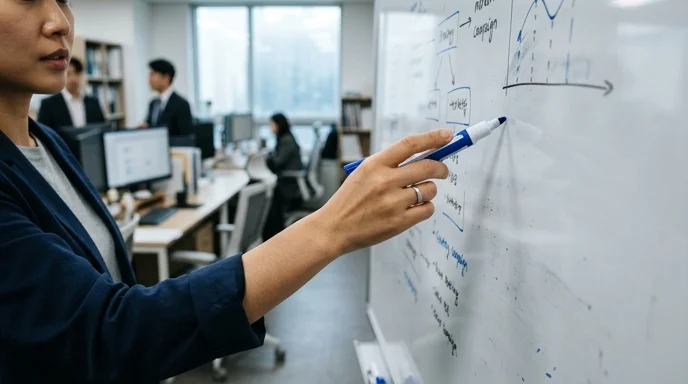 A Korean marketer's hand pointing at a white board with a blue marker in an office.