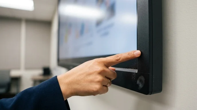 A Korean presenter's hand pointing at the matte black bezel of a large screen in a bright meeting room.