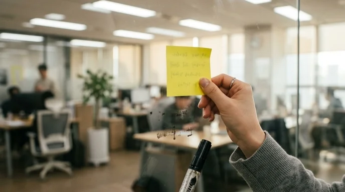 A marketer's hand adding a sticky note to a glass wall in an office.