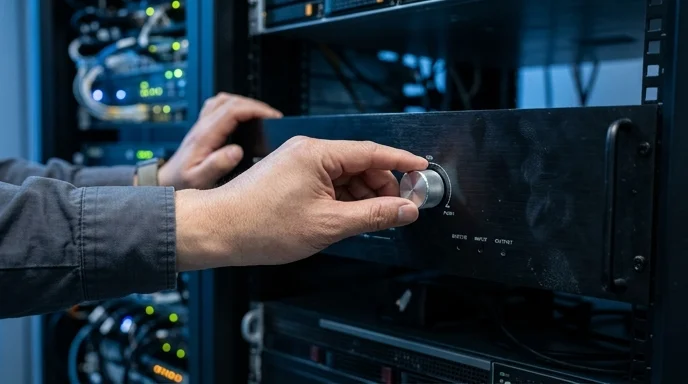 A system engineer's hand turning a dial on the front panel of an AV processor.